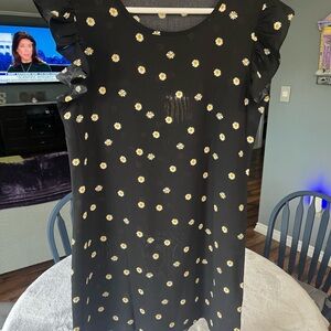 Black Dress with Daisy Print and Ruffle Sleeves